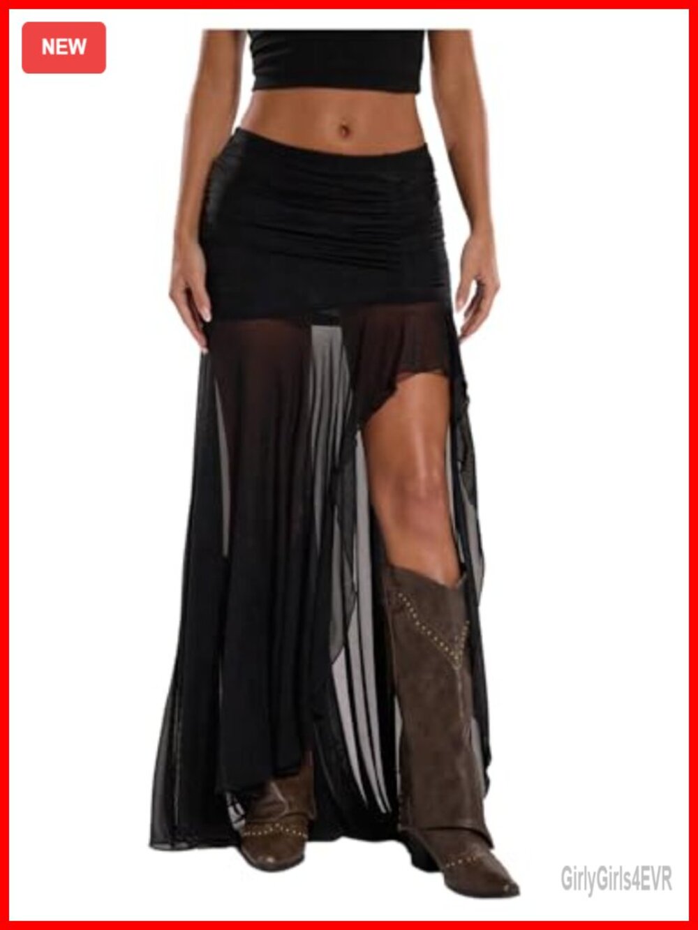 Sheer Mesh Pleated Maxi Skirt High Slit Asymmetrical Bodycon